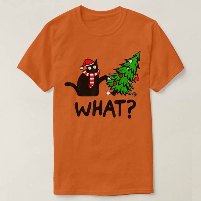 Funny Black Cat Geschenk Pushing Weihnachtsbaum üb T-Shirt (Design vorne)