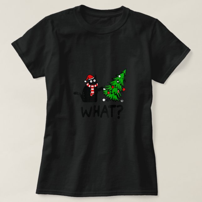 Funny Black Cat Geschenk Pushing Weihnachtsbaum üb T-Shirt (Design vorne)