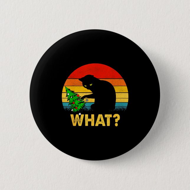 Funny Black Cat Gift Pushing Christmas Tree Over C Button (Vorderseite)