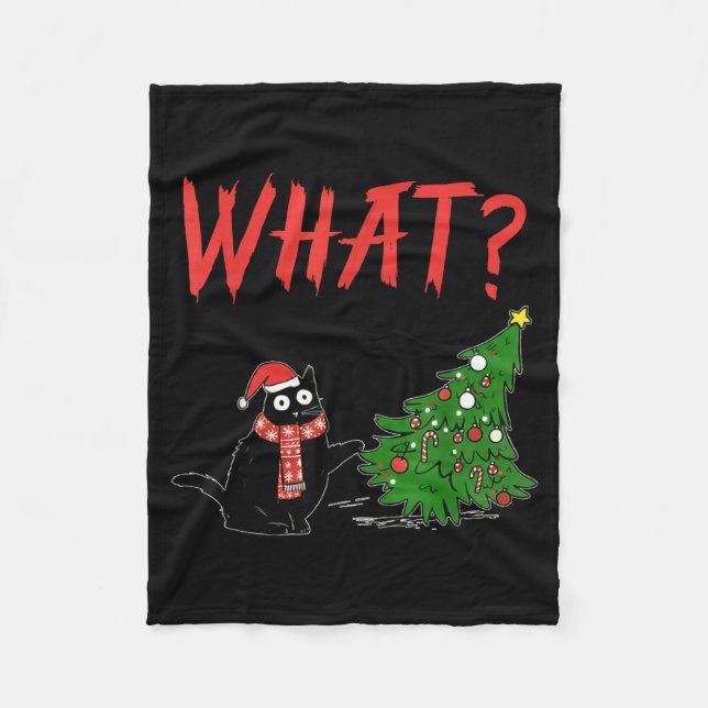 Funny Black Cat Gift Pushing Christmas Tree Over C Fleecedecke (Vorderseite)