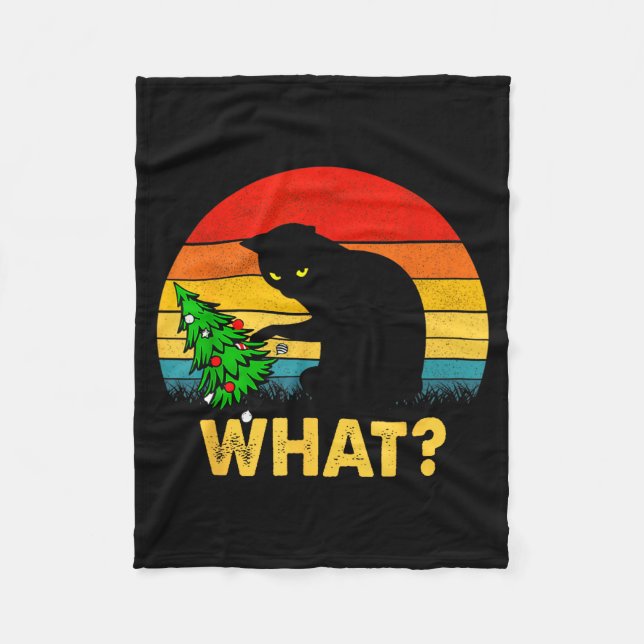 Funny Black Cat Gift Pushing Christmas Tree Over C Fleecedecke (Vorderseite)