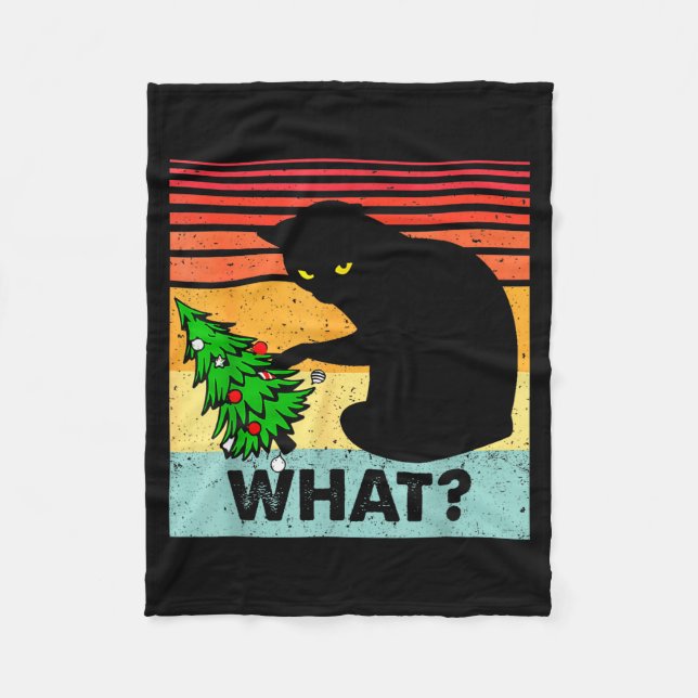 Funny Black Cat Gift Pushing Christmas Tree Over C Fleecedecke (Vorderseite)