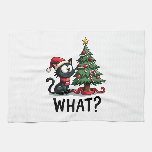 Funny Black Cat Gift Pushing Christmas Tree Over C Geschirrtuch (Horizontal)