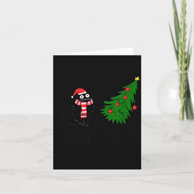 Funny Black Cat Gift Pushing Christmas Tree Over C Karte (Vorderseite)