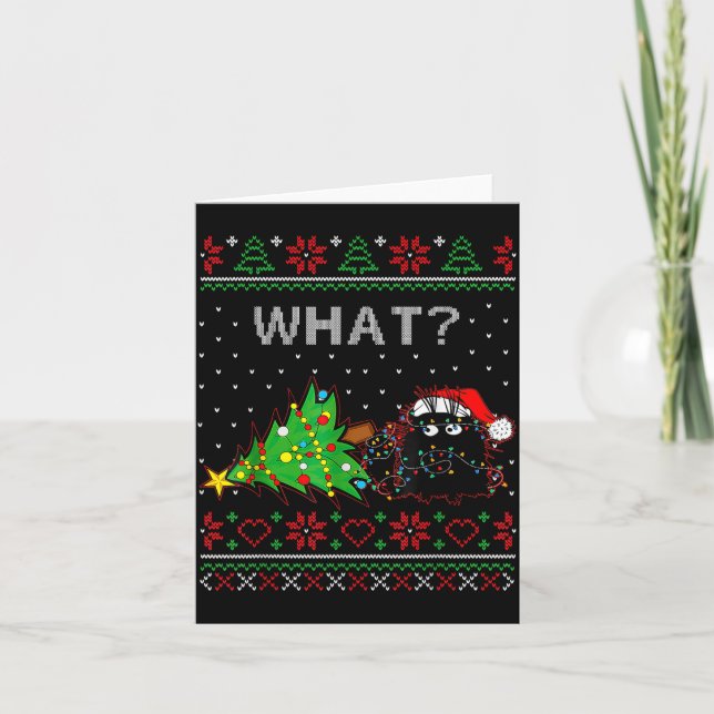 Funny Black Cat Gift Pushing Christmas Tree Over C Karte (Vorderseite)