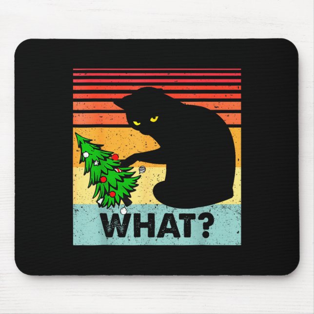 Funny Black Cat Gift Pushing Christmas Tree Over C Mousepad (Vorne)