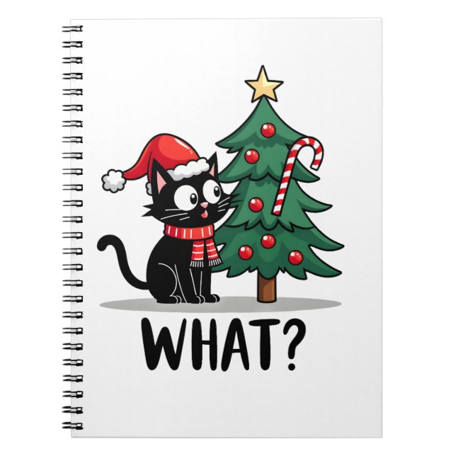 Funny Black Cat Gift Pushing Christmas Tree Over C Notizblock (Vorderseite)