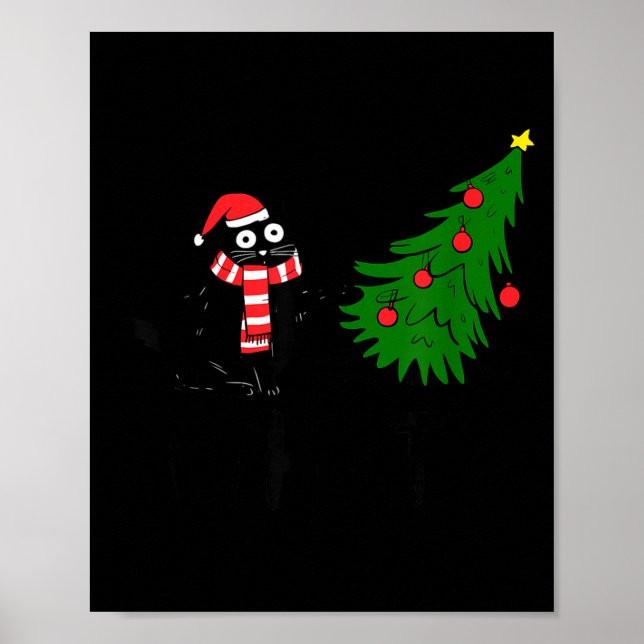 Funny Black Cat Gift Pushing Christmas Tree Over C Poster (Vorne)