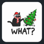 Funny Black Cat Gift Pushing Christmas Tree Over C Quadratischer Aufkleber<br><div class="desc">Funny Black Cat Gift Pushing Christmas Tree Over Cat What</div>