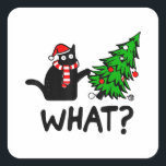 Funny Black Cat Gift Pushing Christmas Tree Over C Quadratischer Aufkleber<br><div class="desc">Funny Black Cat Gift Pushing Christmas Tree Over Cat What</div>