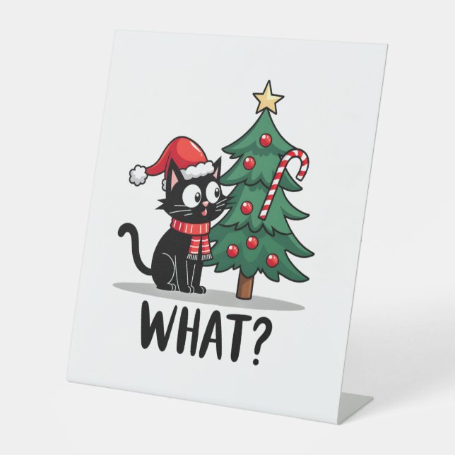 Funny Black Cat Gift Pushing Christmas Tree Over C Sockelschild (Vorderseite)