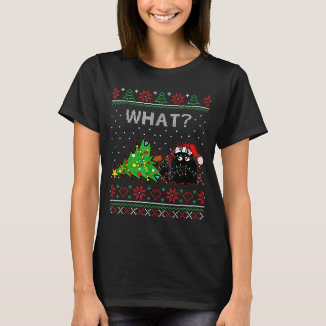 Funny Black Cat Gift Pushing Christmas Tree Over C T-Shirt (Vorderseite)