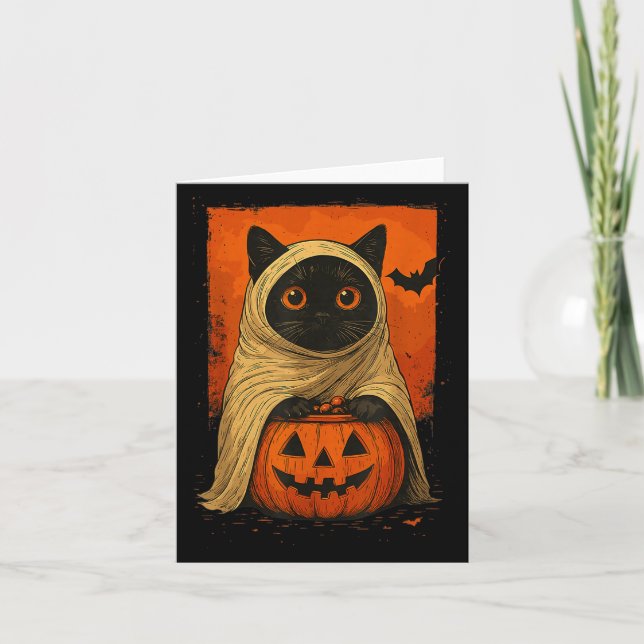 Funny Black Cat Halloween Pumpkin Spooky Ghost Cos Karte (Vorderseite)