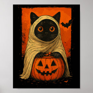 Funny Black Cat Halloween Pumpkin Spooky Ghost Cos Poster