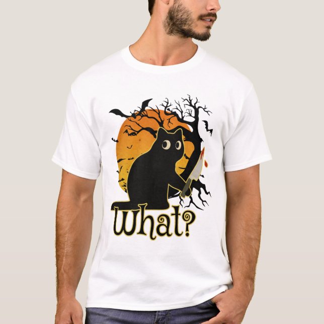 Funny Black Cat Holding Knife Halloween T-Shirt (Vorderseite)