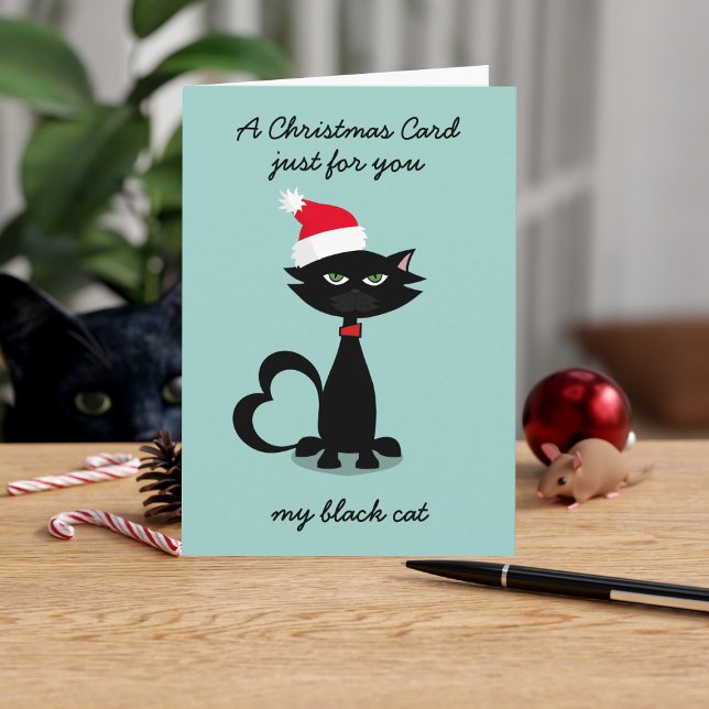 Funny Black Cat in Weihnachtsmannmütze Weihnachtsk Karte (If you send a Christmas card to your cat, can we be friends? I send one every year. Add your message)