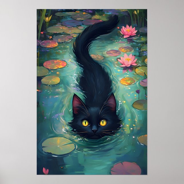 Funny Black cat is swimming  Poster (Vorne)