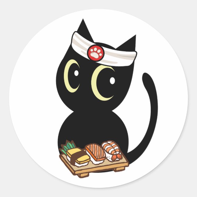 Funny Black Cat ist ein Sushi-Koch Runder Aufkleber (Vorderseite)