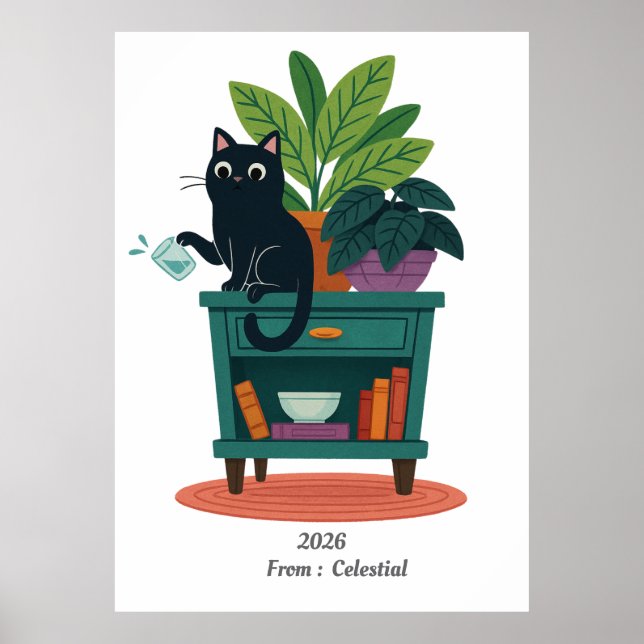 Funny Black Cat klopfen über Glas Poster (Vorne)