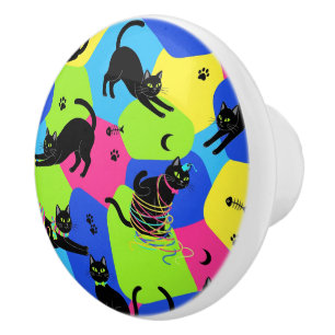 Funny Black Cat Knob, modern, farbenfroh Keramikknauf