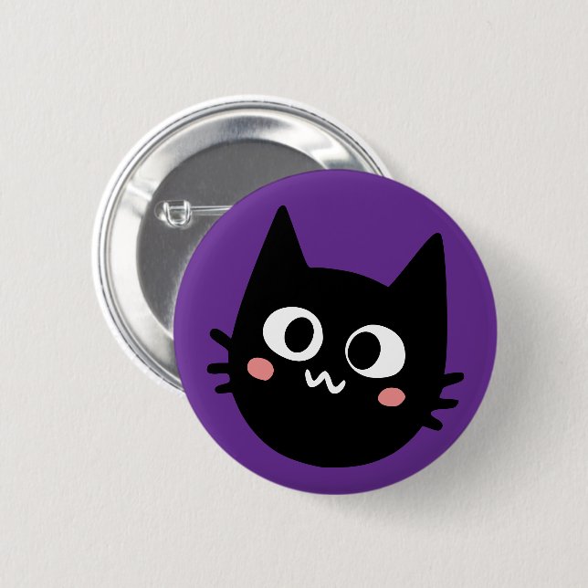 Funny Black Cat Lila Button (Vorne & Hinten)