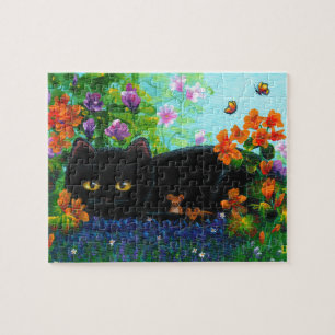 Funny Black Cat Mäuse Blume Puzzle