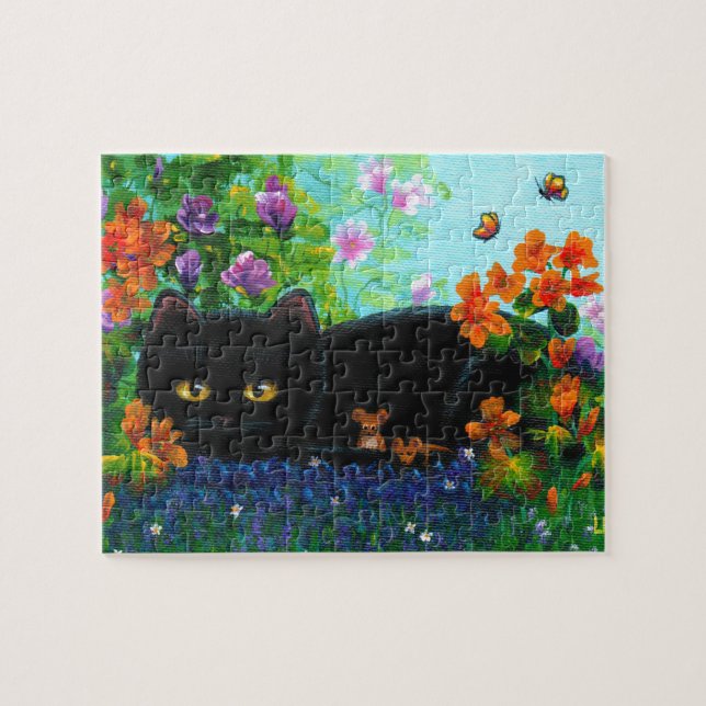 Funny Black Cat Mäuse Blume Puzzle (Horizontal)