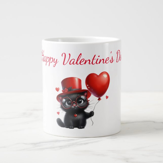 Funny Black Cat mit Balloons Valentinstag Jumbo-Tasse (Vorderseite)