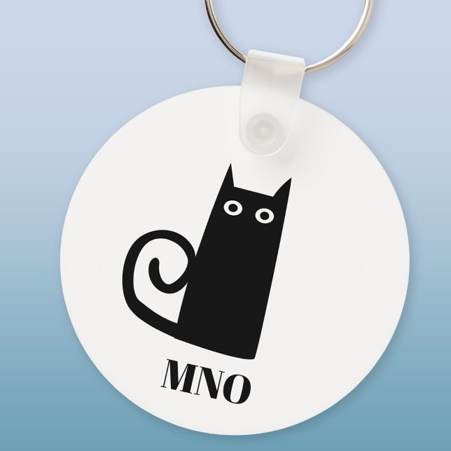 Funny Black Cat Monogram Schlüsselanhänger (Monogram initials personalized fun black cat aluminium keyring keychain)