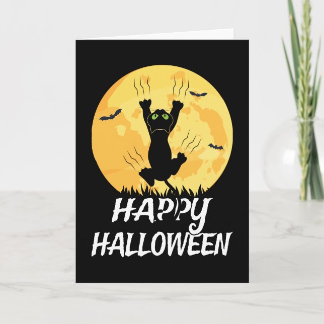 Funny Black Cat Moon Happy Halloween Karte (Vorderseite)