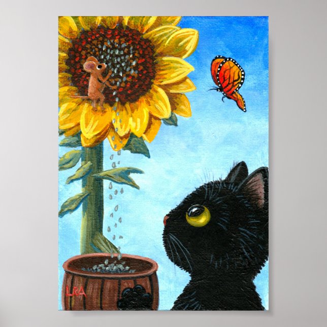 Funny Black Cat Mouse Sonnenblume Kreationarts Poster (Vorne)