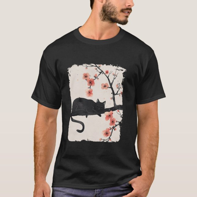Funny Black Cat Nickerchen Japanisch Cherry Blosso T-Shirt (Vorderseite)