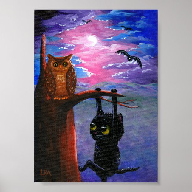 Funny Black Cat Owl Fall Moon Creationarts Poster (Vorne)