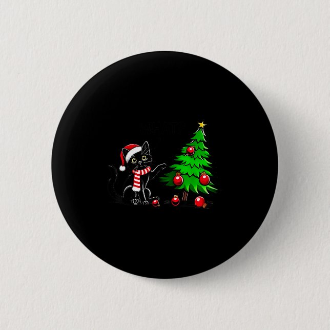 Funny Black Cat Pushing Christmas Tree Over Cat Wh Button (Vorderseite)