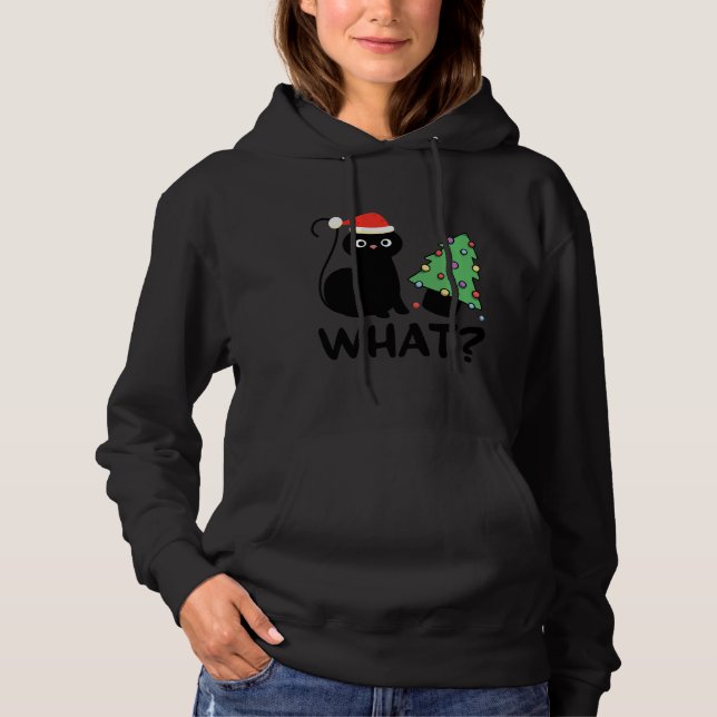 Funny Black Cat Pushing Christmas Tree Over Cat Wh Hoodie (Vorderseite)