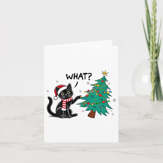 Funny Black Cat Pushing Christmas Tree Over Cat Wh Karte (Vorderseite)
