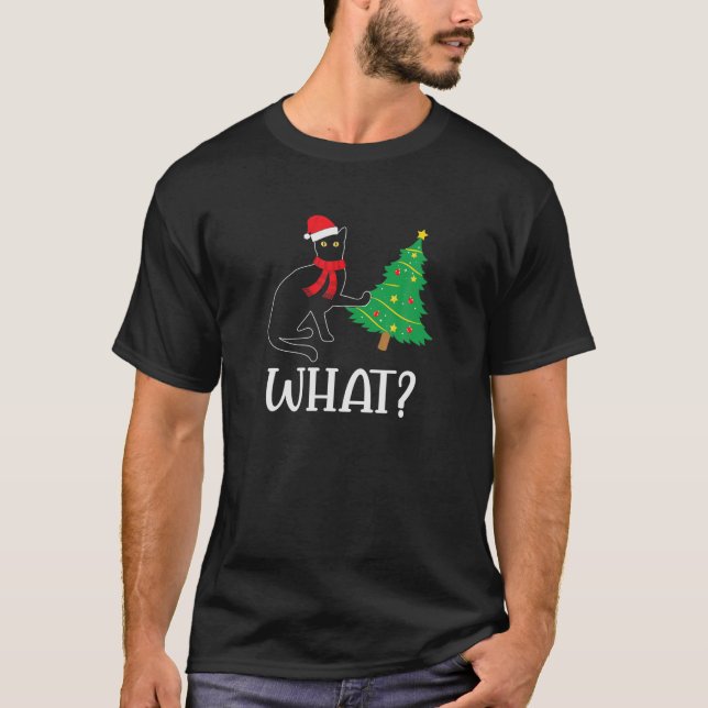 Funny Black Cat Pushing Christmas Tree Over Cat Wh T-Shirt (Vorderseite)
