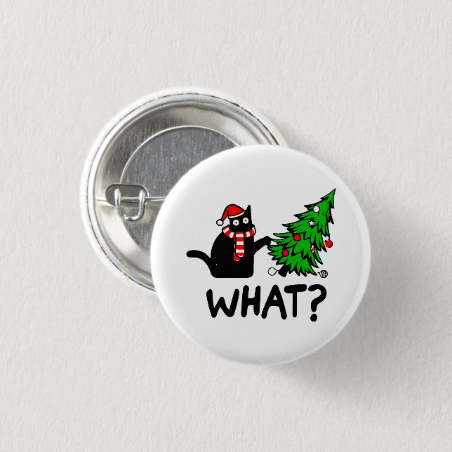 Funny Black Cat Pushing Christmas Tree Pet Lover Button (Vorne & Hinten)