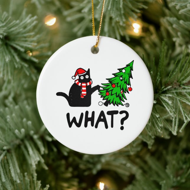 Funny Black Cat Pushing Christmas Tree Pet Lover Keramik Ornament (Baum)