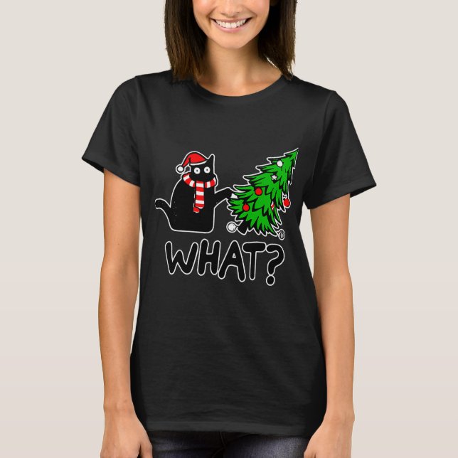 Funny Black Cat Pushing Christmas Tree T-Shirt (Vorderseite)