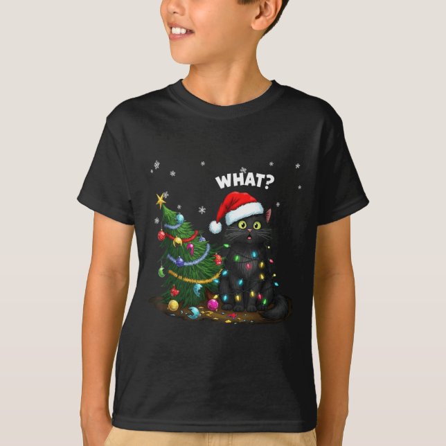 Funny Black Cat Pushing Christmas Tree  T-Shirt (Vorderseite)