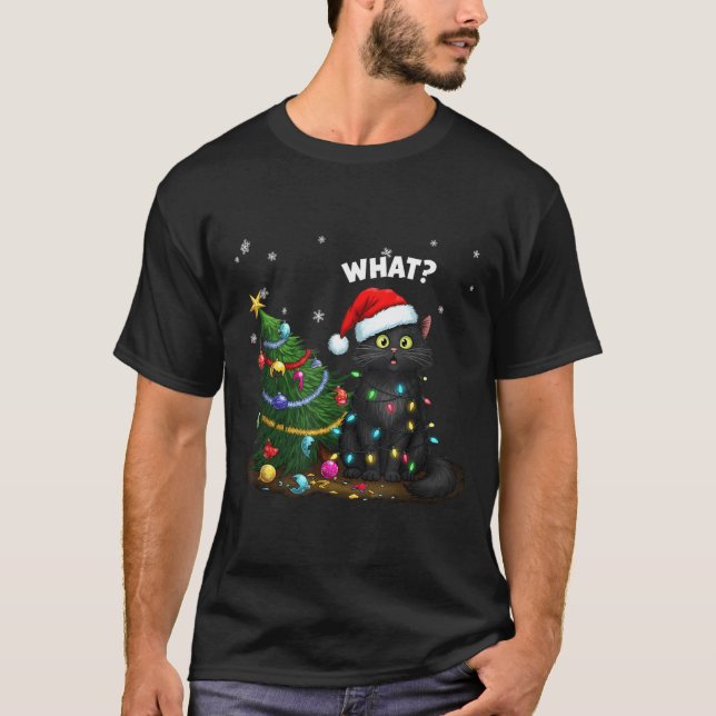 Funny Black Cat Pushing Christmas Tree  T-Shirt (Vorderseite)