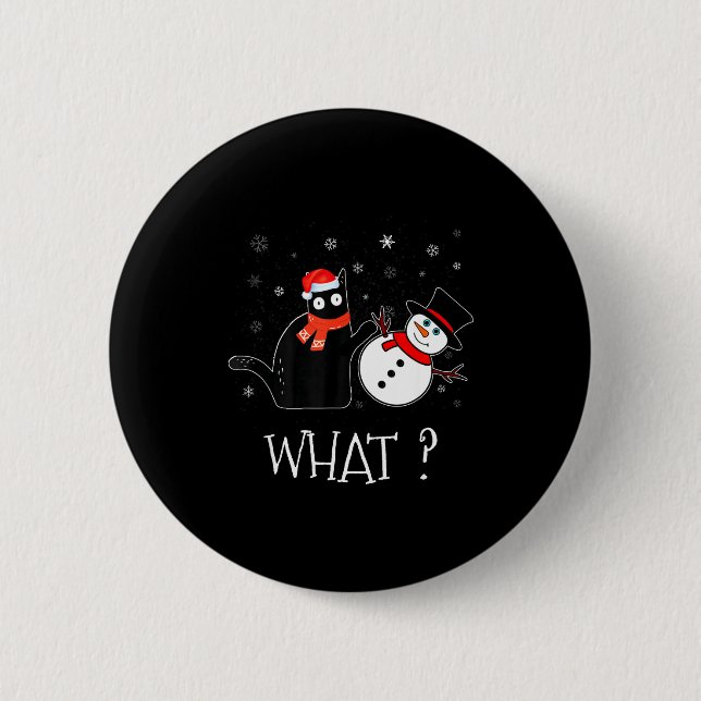 Funny Black Cat Pushing Snowman Christmas Winter C Button (Vorderseite)