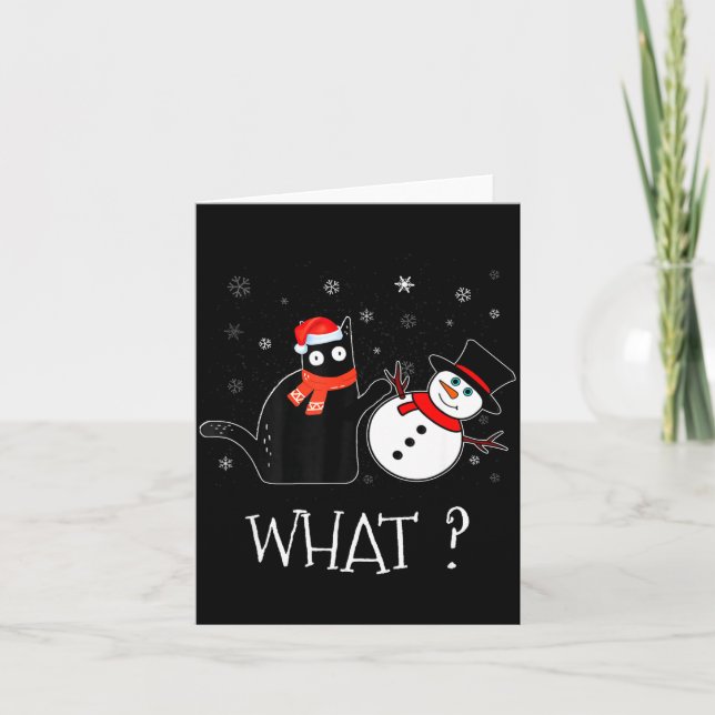 Funny Black Cat Pushing Snowman Christmas Winter C Karte (Vorderseite)