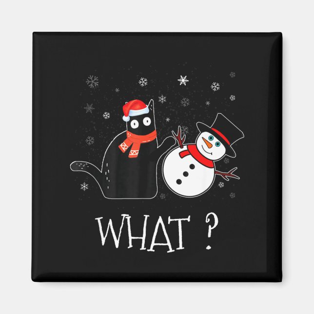 Funny Black Cat Pushing Snowman Christmas Winter C Magnet (Vorne)