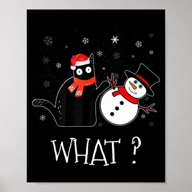 Funny Black Cat Pushing Snowman Christmas Winter C Poster (Vorne)