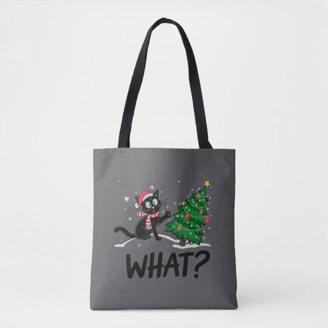 Funny Black Cat Pushing Weihnachtsbaum Katze Was? (Vorderseite)