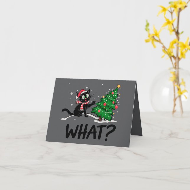 Funny Black Cat Pushing Weihnachtsbaum Katze Was? Karte (Gelbe Blume)
