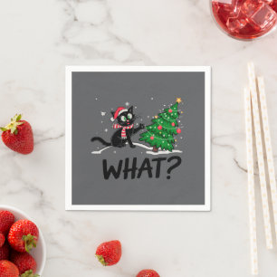 Funny Black Cat Pushing Weihnachtsbaum Katze Was? Serviette