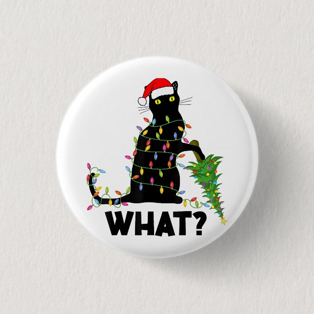 Funny Black Cat Pushing Weihnachtsbaum über Cat Ch Button (Vorderseite)